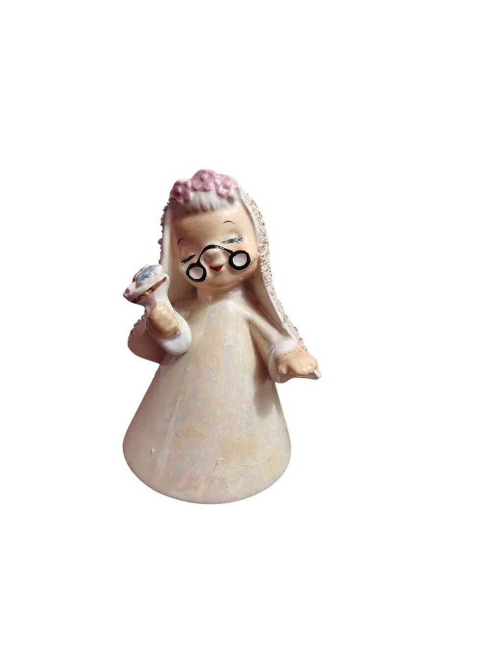 Vintage Napco Grandma Bride Bell, Grandmother Kitsch Iridescent, Japan, 4"